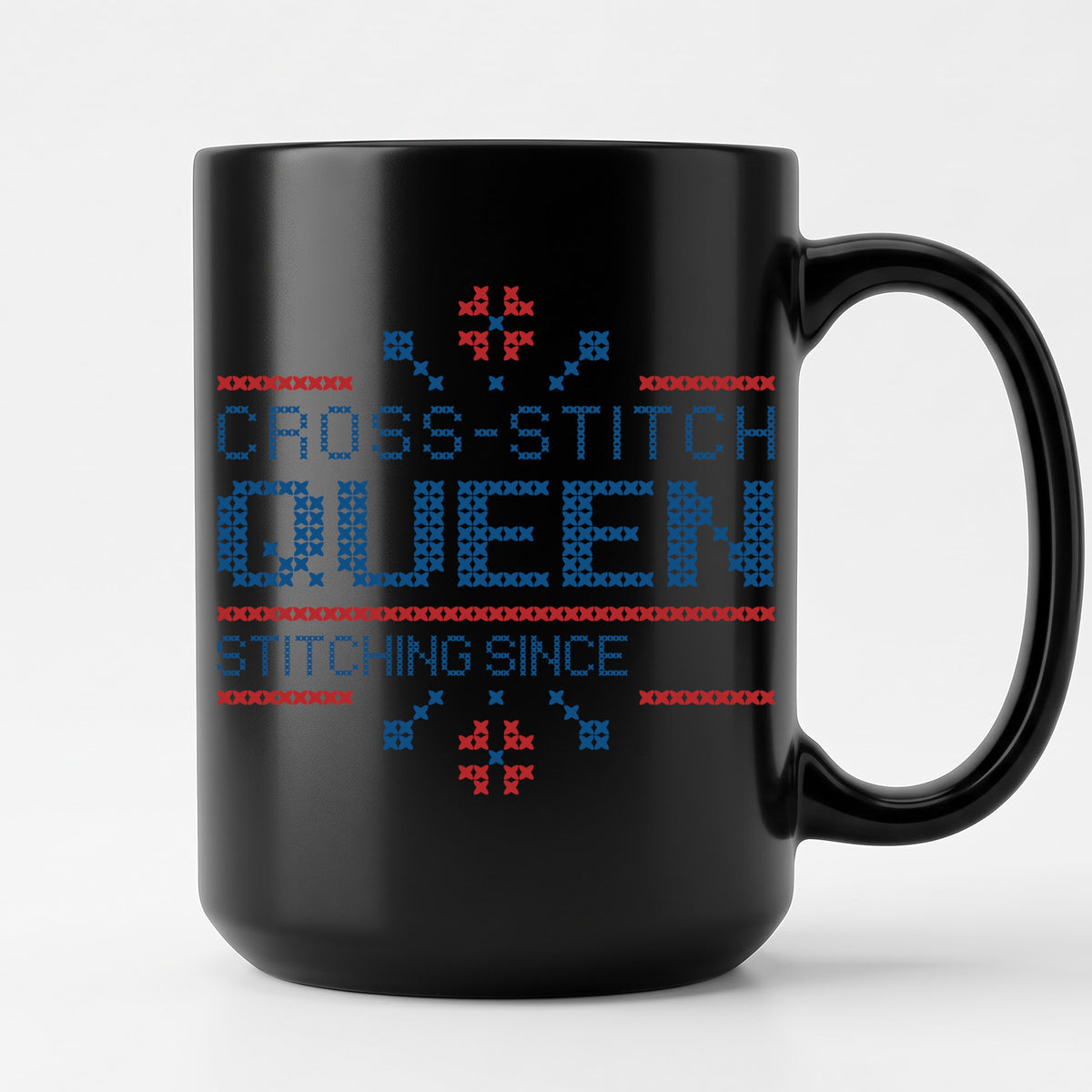 "Cross Stitch Queen - Stitching since [Year]" Faux Cross Stitch Coffee Cup | Custom Year