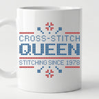 "Cross Stitch Queen - Stitching since [Year]" Faux Cross Stitch Coffee Cup | Custom Year