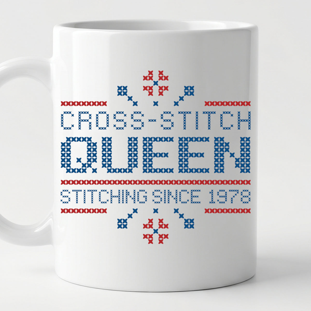 "Cross Stitch Queen - Stitching since [Year]" Faux Cross Stitch Coffee Cup | Custom Year