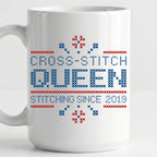 "Cross Stitch Queen - Stitching since [Year]" Faux Cross Stitch Coffee Cup | Custom Year