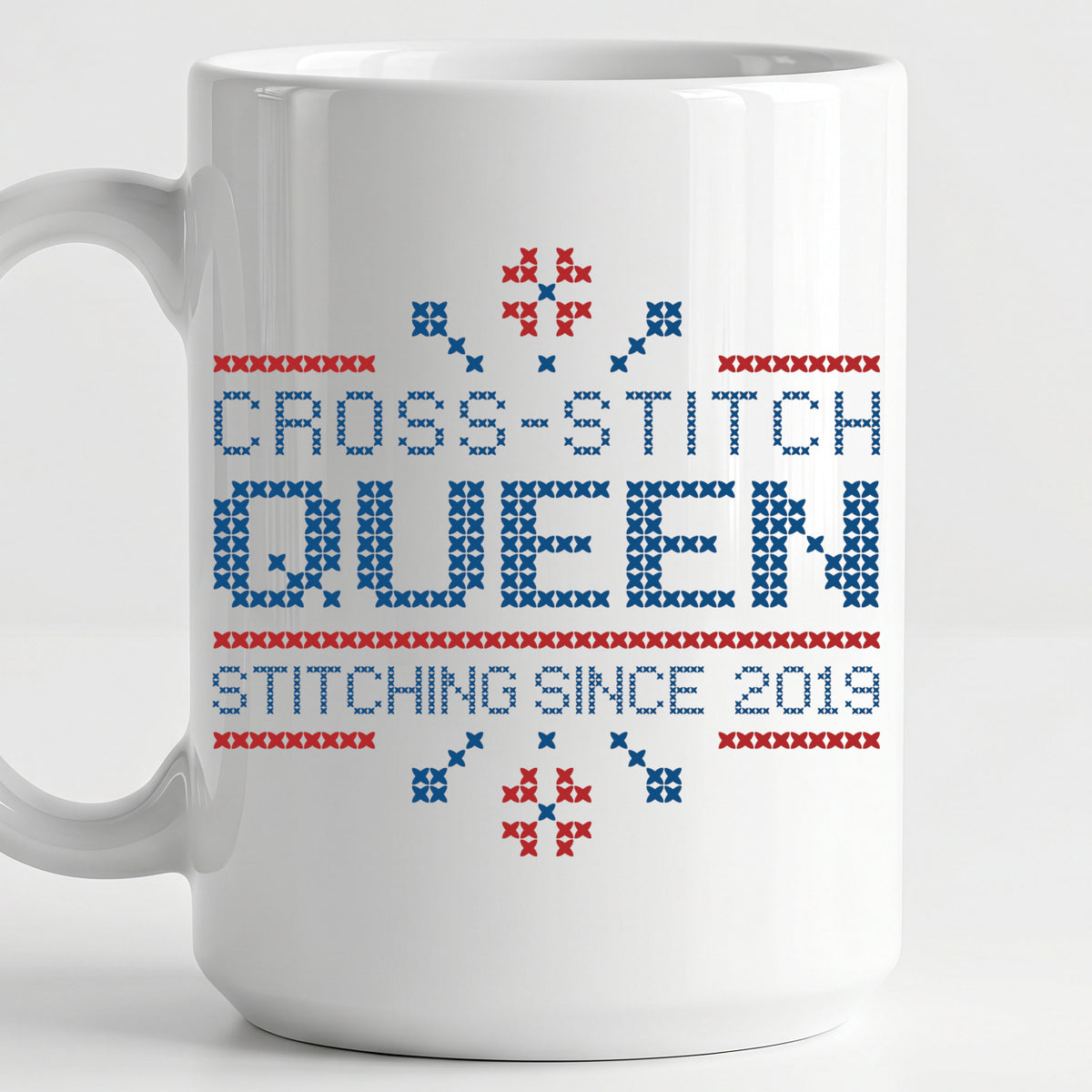 "Cross Stitch Queen - Stitching since [Year]" Faux Cross Stitch Coffee Cup | Custom Year