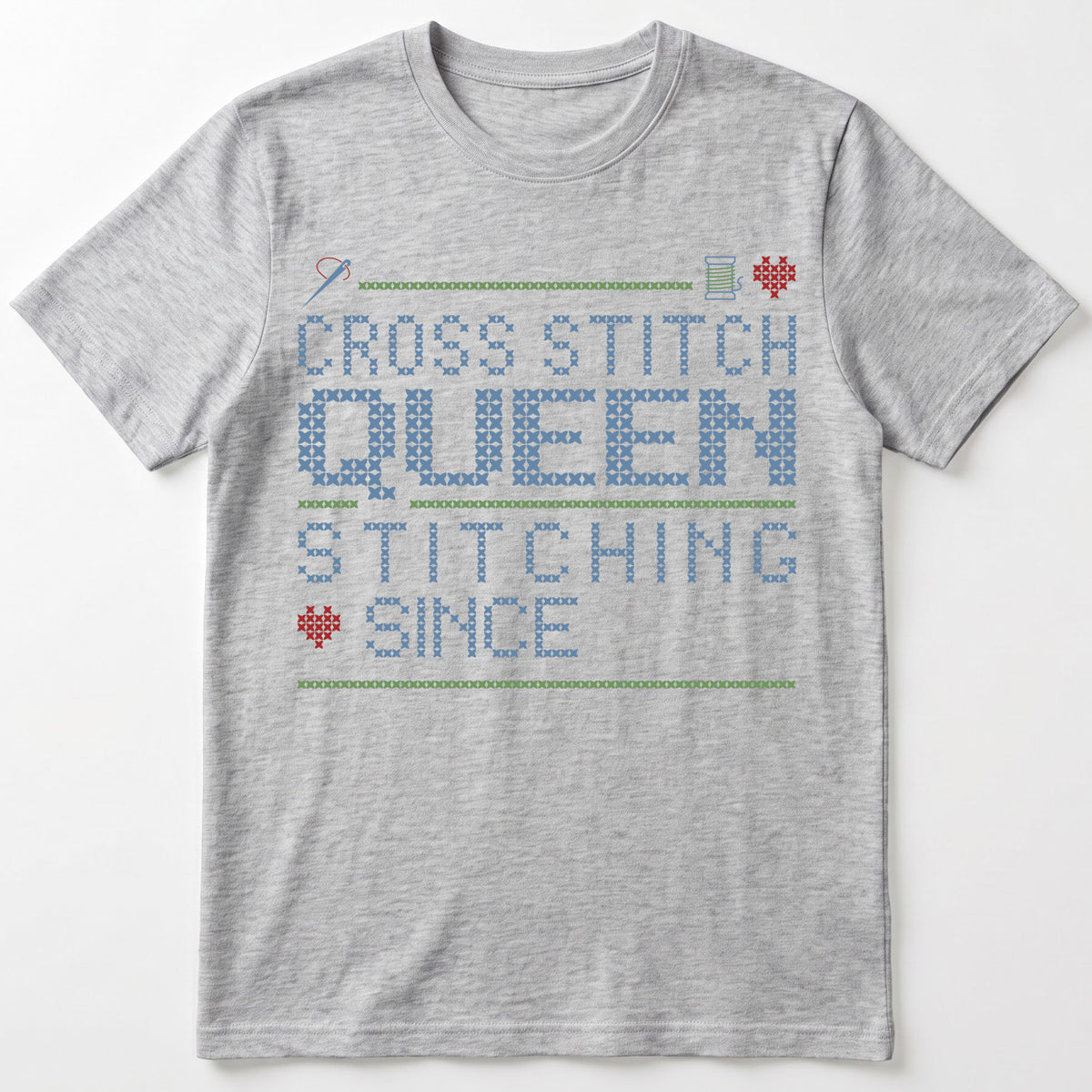 "Cross Stitch Queen - Stitching since [Year]" Custom Faux Cross Stitch T-Shirt | Personalized Year