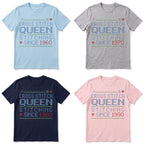 "Cross Stitch Queen - Stitching since [Year]" Custom Faux Cross Stitch T-Shirt | Personalized Year
