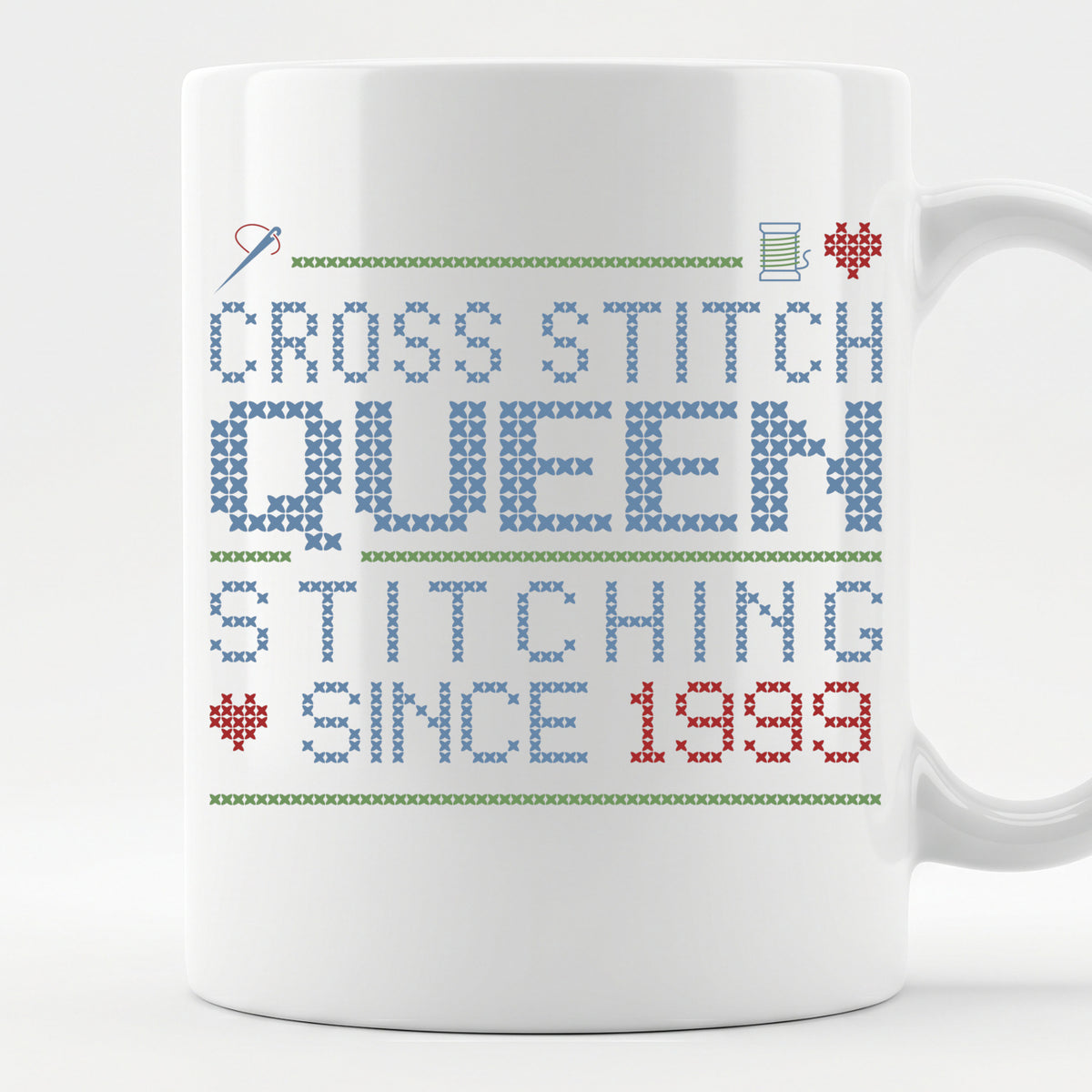 "Cross Stitch Queen - Stitching since [Year]" Custom Faux Cross Stitch Mug | Personalized Year