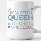 "Cross Stitch Queen - Stitching since [Year]" Custom Faux Cross Stitch Mug | Personalized Year