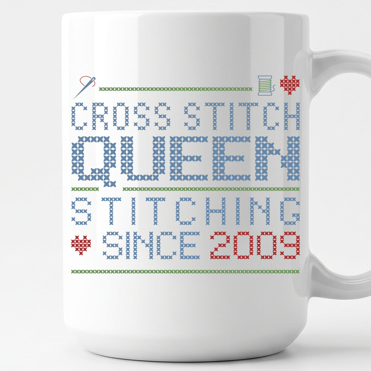"Cross Stitch Queen - Stitching since [Year]" Custom Faux Cross Stitch Mug | Personalized Year