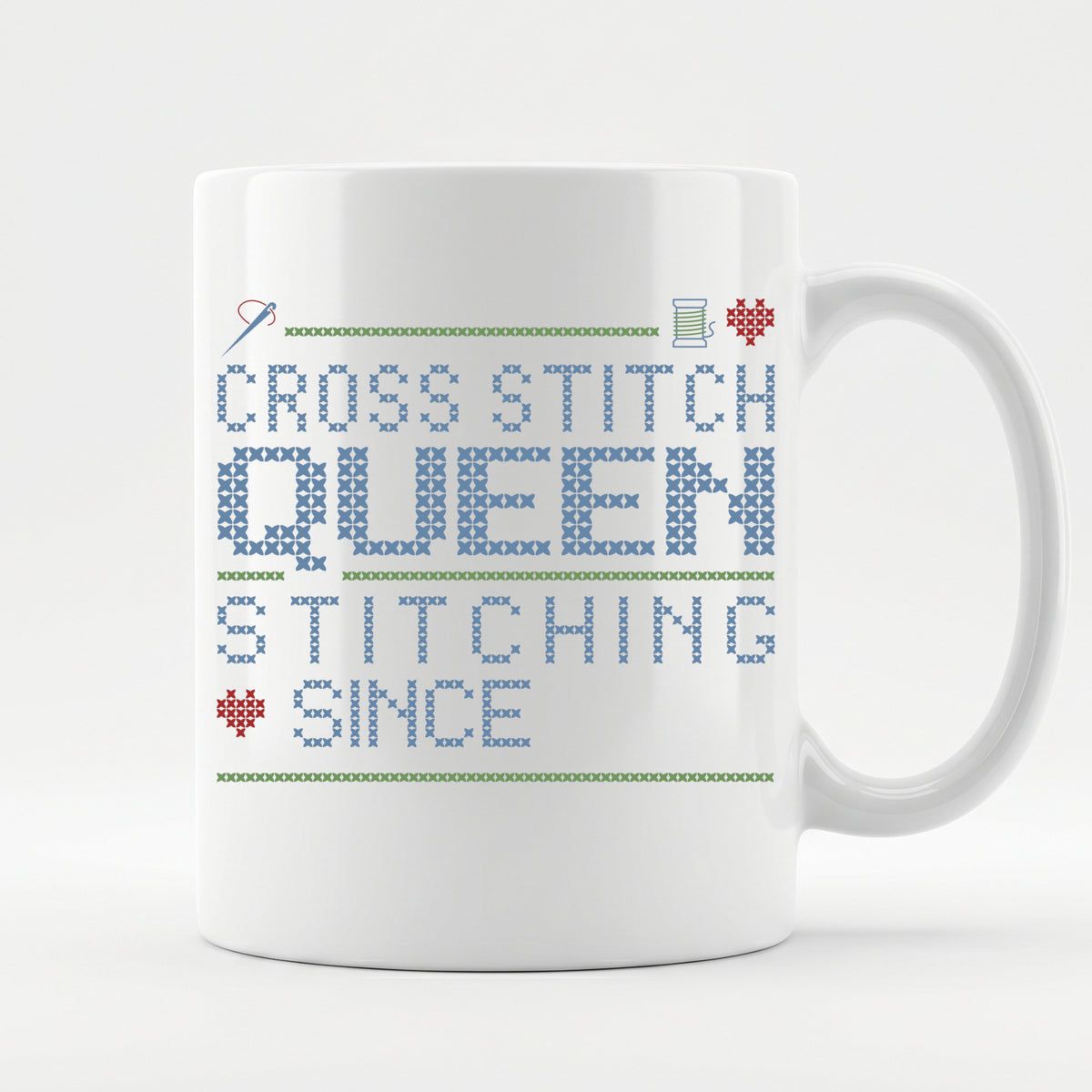 "Cross Stitch Queen - Stitching since [Year]" Custom Faux Cross Stitch Mug | Personalized Year
