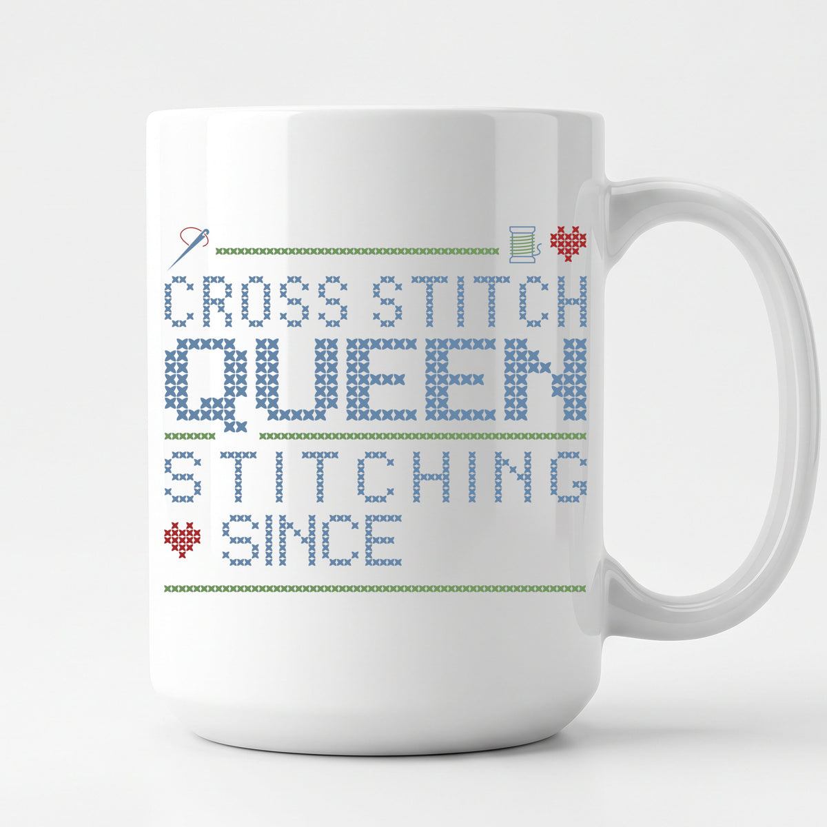 "Cross Stitch Queen - Stitching since [Year]" Custom Faux Cross Stitch Mug | Personalized Year