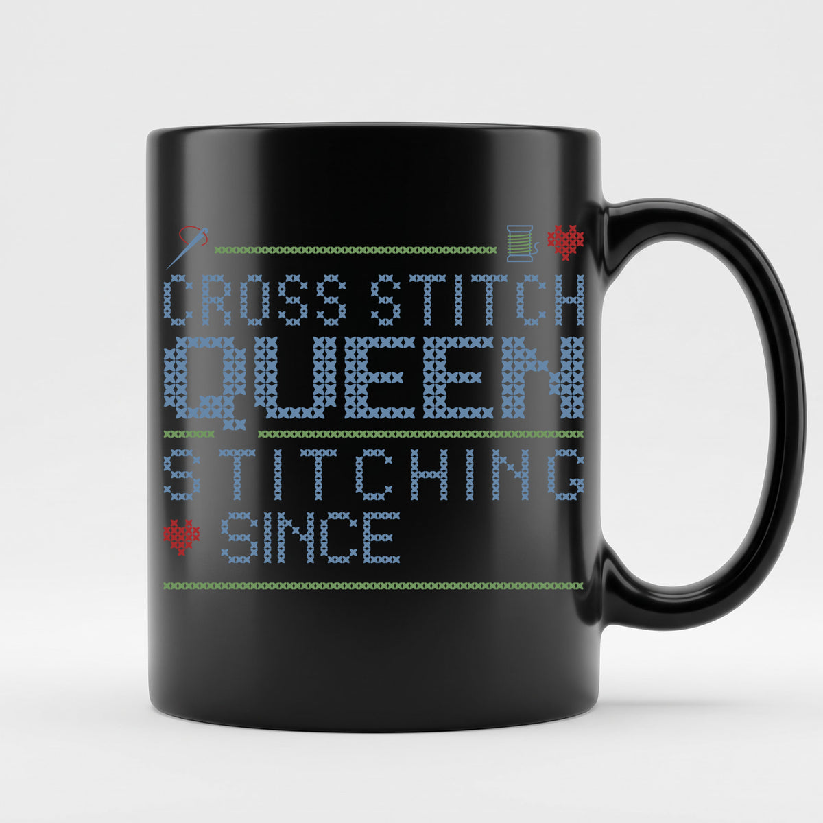 "Cross Stitch Queen - Stitching since [Year]" Custom Faux Cross Stitch Mug | Personalized Year