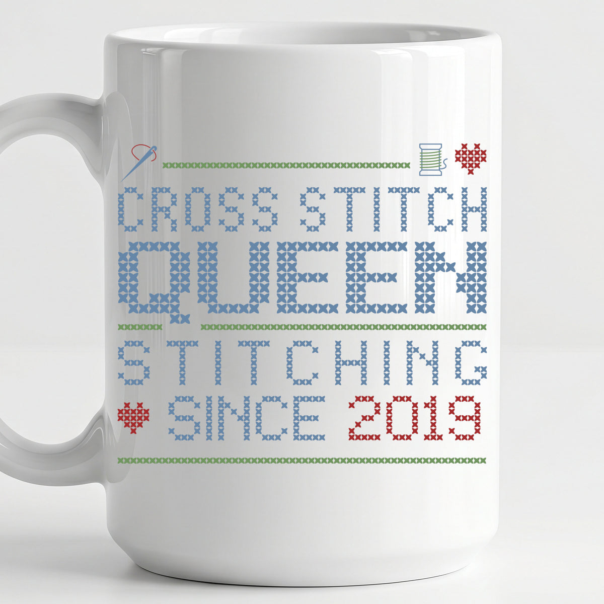 "Cross Stitch Queen - Stitching since [Year]" Custom Faux Cross Stitch Mug | Personalized Year