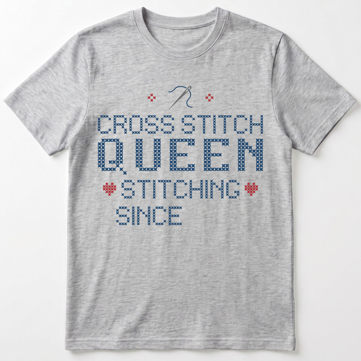 "Cross Stitch Queen - Stitching since [Year]" Faux Cross Stitch T-Shirt | Custom Year Tee