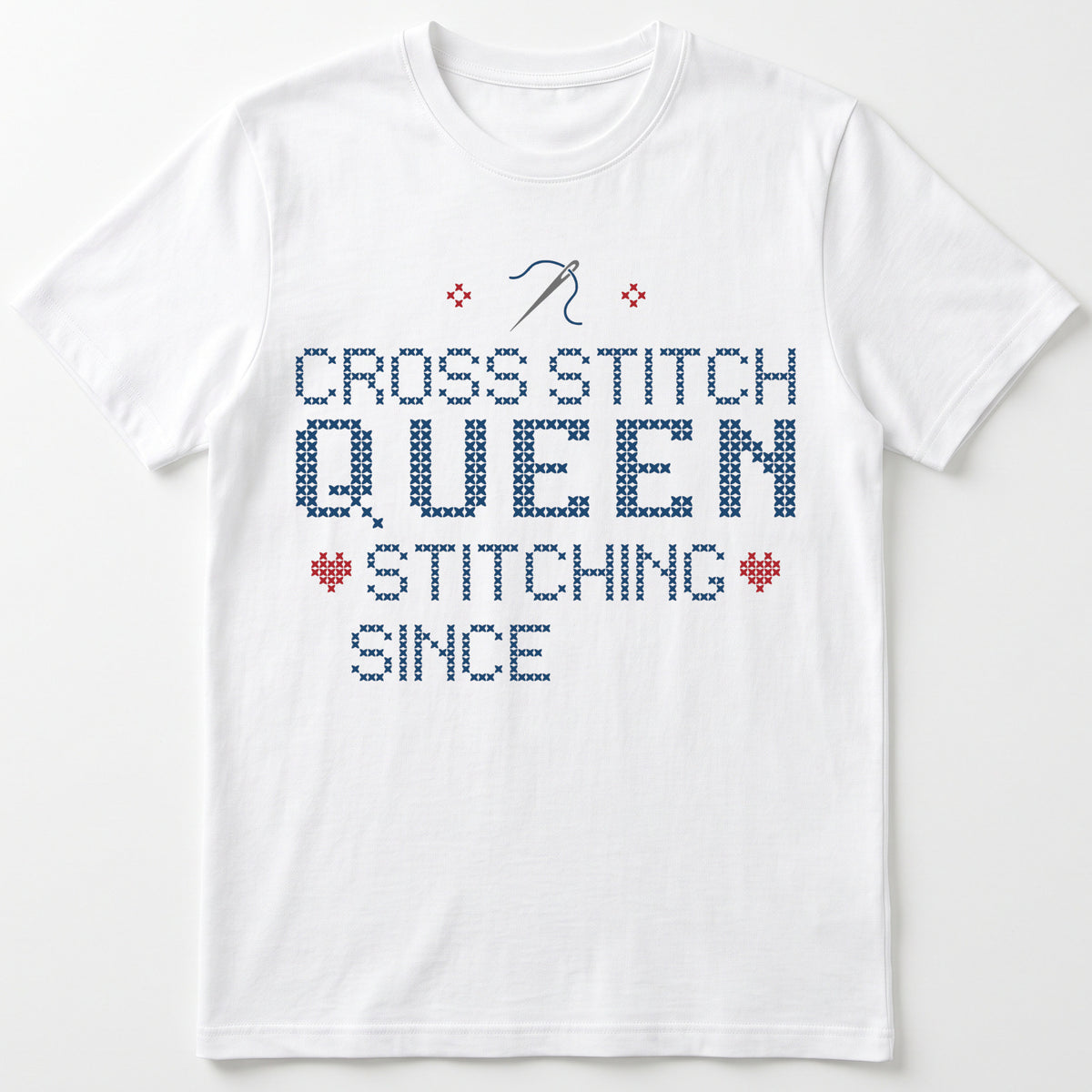 "Cross Stitch Queen - Stitching since [Year]" Faux Cross Stitch T-Shirt | Custom Year Tee