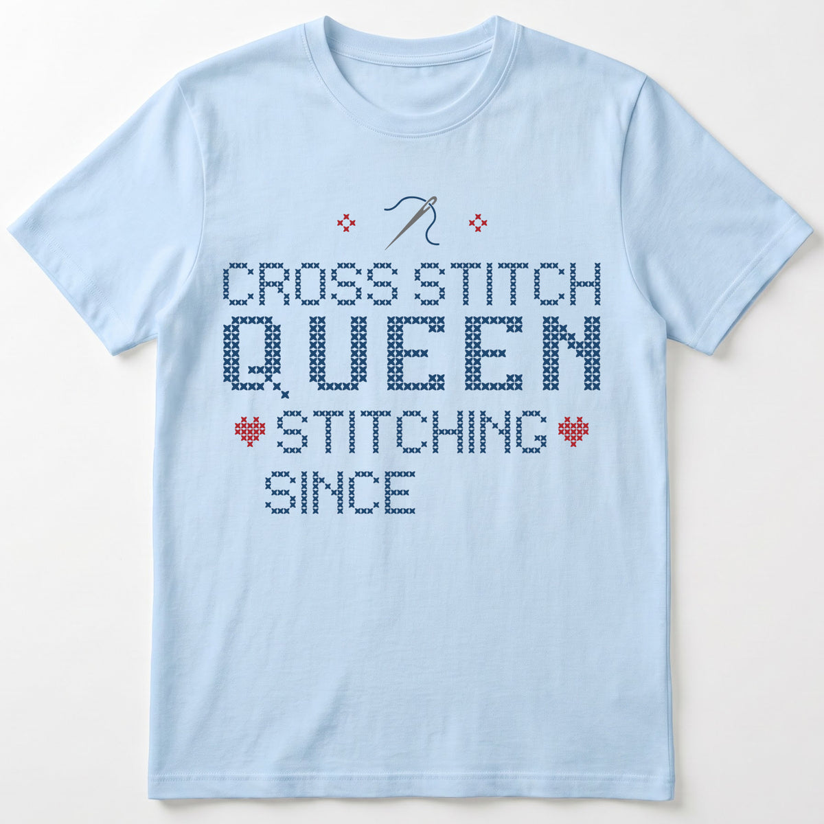 "Cross Stitch Queen - Stitching since [Year]" Faux Cross Stitch T-Shirt | Custom Year Tee