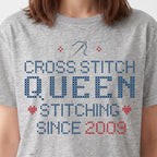 "Cross Stitch Queen - Stitching since [Year]" Faux Cross Stitch T-Shirt | Custom Year Tee
