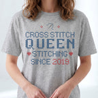 "Cross Stitch Queen - Stitching since [Year]" Faux Cross Stitch T-Shirt | Custom Year Tee