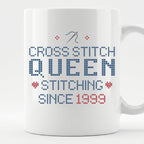 "Cross Stitch Queen - Stitching since [Year]" Faux Cross Stitch Mug | Custom Year Coffee Cup