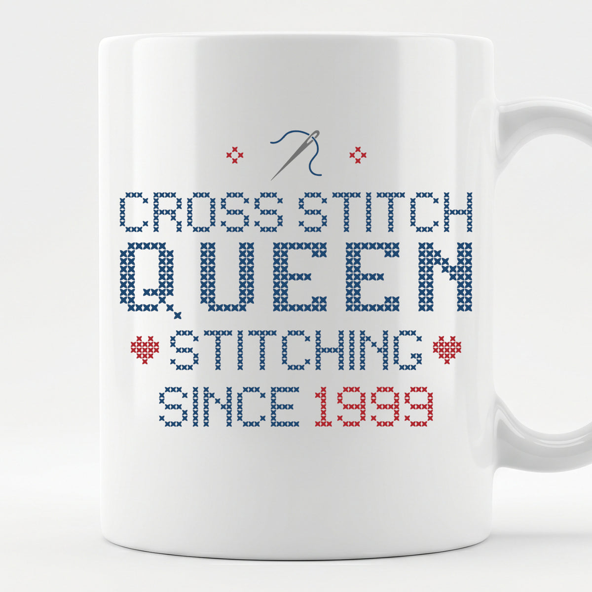 "Cross Stitch Queen - Stitching since [Year]" Faux Cross Stitch Mug | Custom Year Coffee Cup
