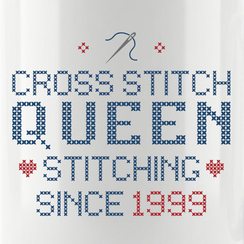 "Cross Stitch Queen - Stitching since [Year]" Faux Cross Stitch Mug | Custom Year Coffee Cup