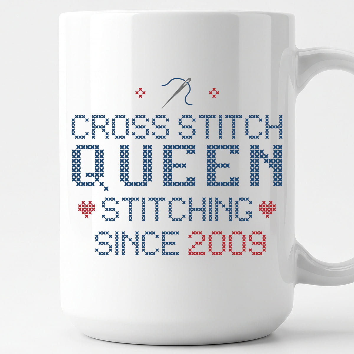 "Cross Stitch Queen - Stitching since [Year]" Faux Cross Stitch Mug | Custom Year Coffee Cup