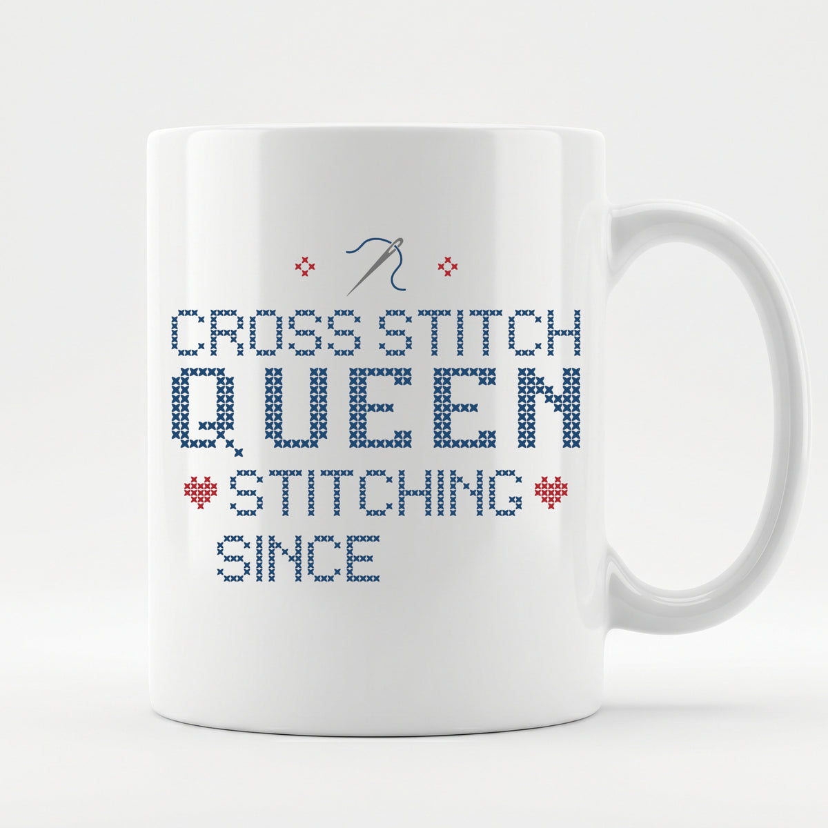 "Cross Stitch Queen - Stitching since [Year]" Faux Cross Stitch Mug | Custom Year Coffee Cup