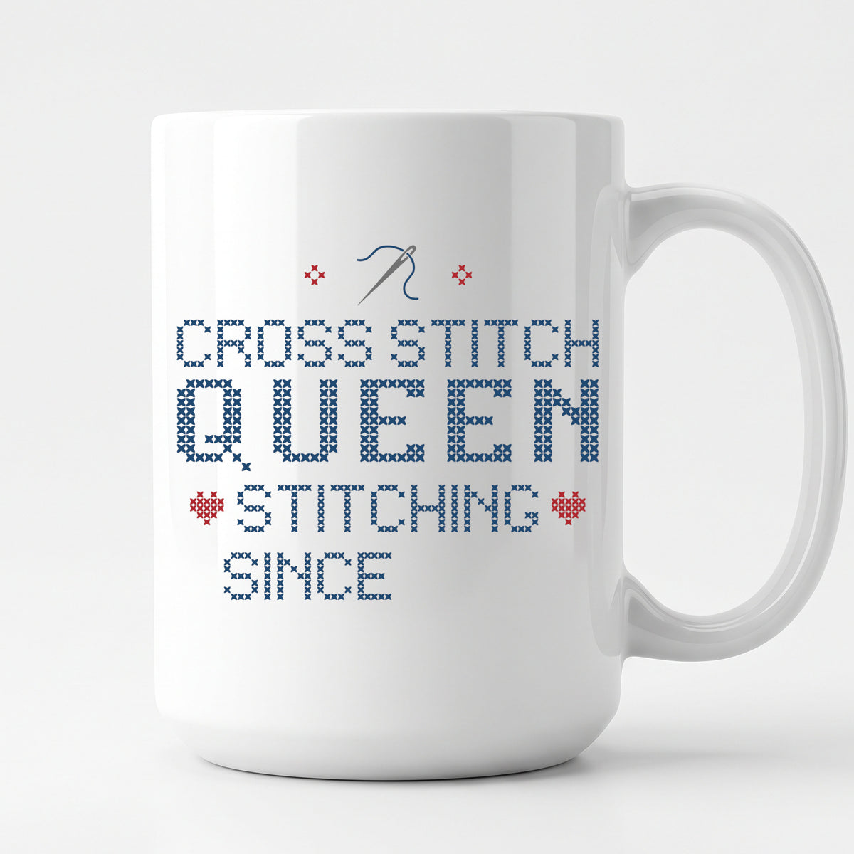 "Cross Stitch Queen - Stitching since [Year]" Faux Cross Stitch Mug | Custom Year Coffee Cup