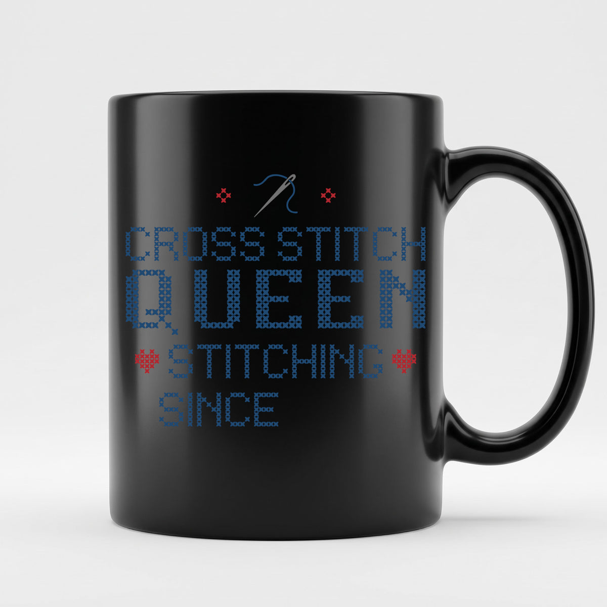 "Cross Stitch Queen - Stitching since [Year]" Faux Cross Stitch Mug | Custom Year Coffee Cup