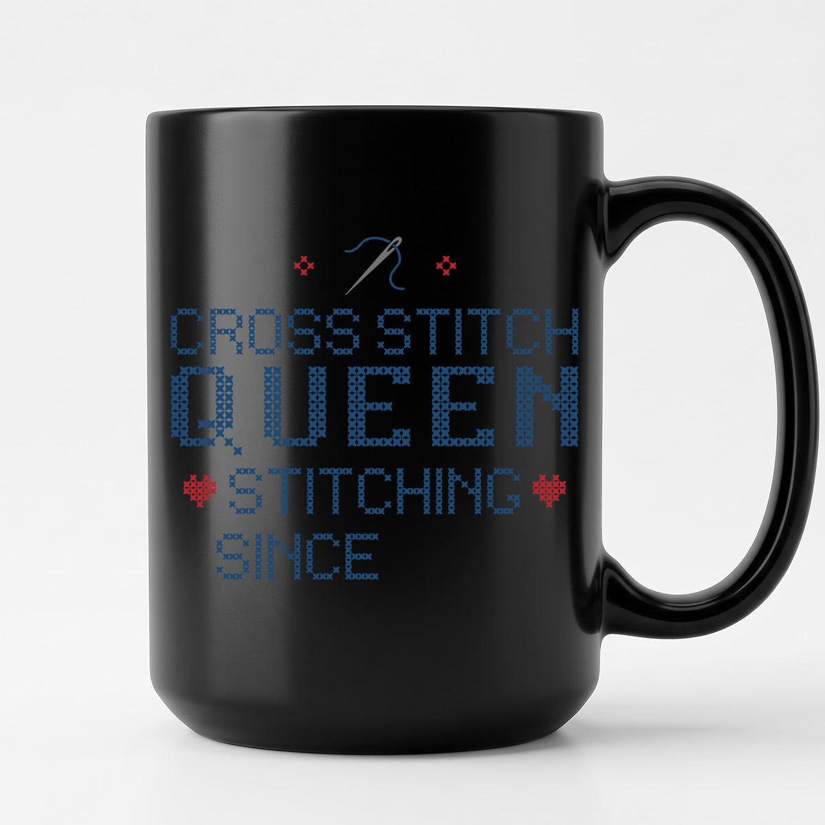 "Cross Stitch Queen - Stitching since [Year]" Faux Cross Stitch Mug | Custom Year Coffee Cup