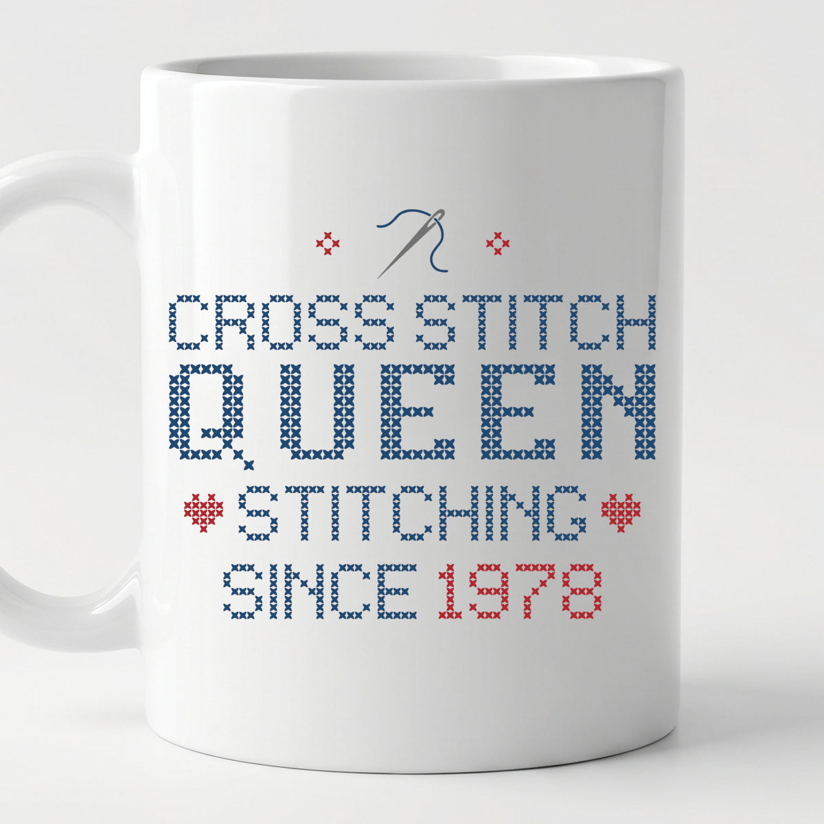 "Cross Stitch Queen - Stitching since [Year]" Faux Cross Stitch Mug | Custom Year Coffee Cup