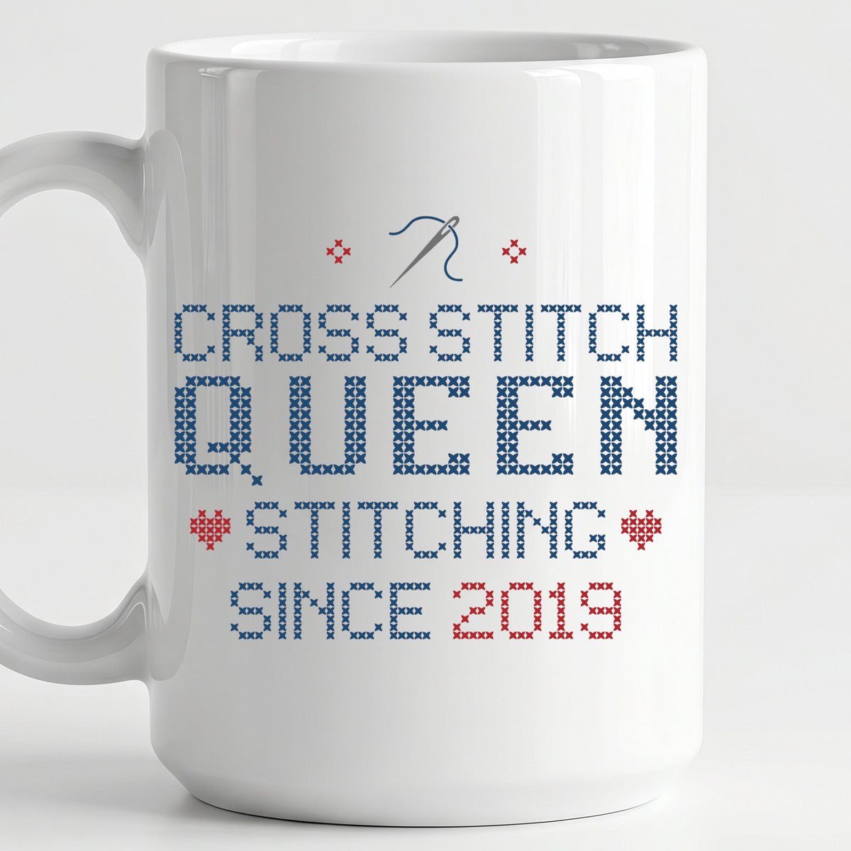 "Cross Stitch Queen - Stitching since [Year]" Faux Cross Stitch Mug | Custom Year Coffee Cup