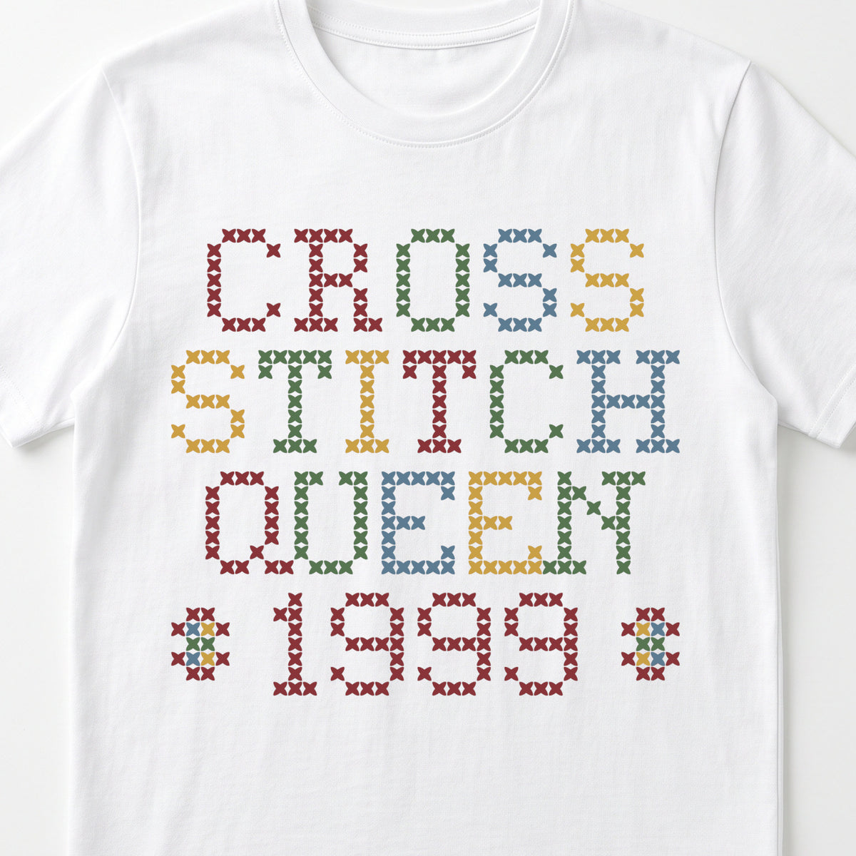 "Cross Stitch Queen [Year]" Custom Faux Cross Stitch T-Shirt | Personalized Year