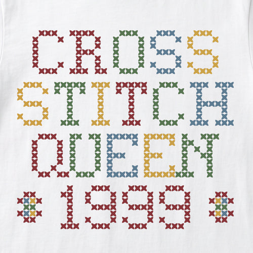 "Cross Stitch Queen [Year]" Custom Faux Cross Stitch T-Shirt | Personalized Year