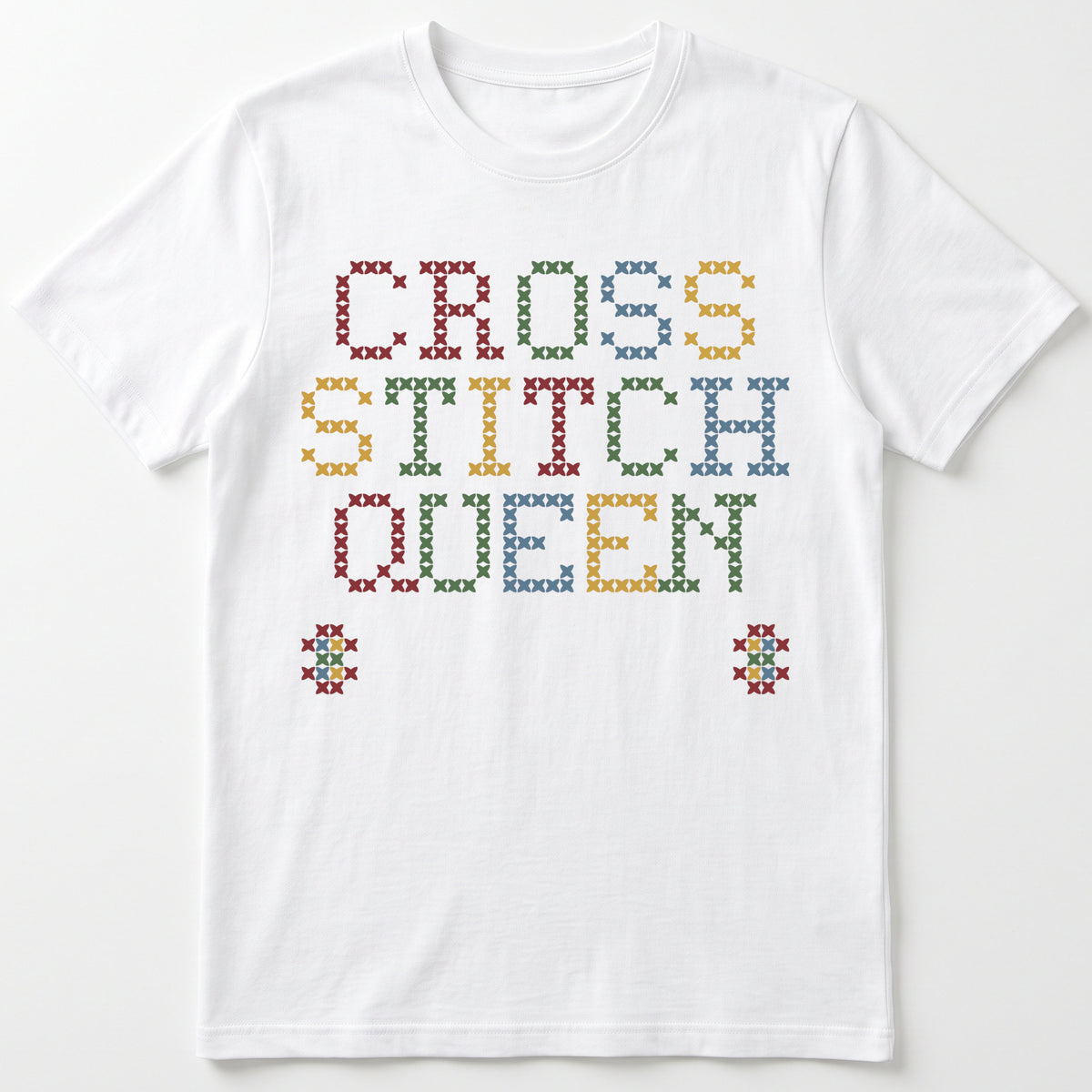 "Cross Stitch Queen [Year]" Custom Faux Cross Stitch T-Shirt | Personalized Year