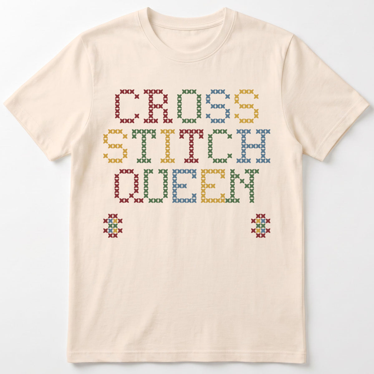 "Cross Stitch Queen [Year]" Custom Faux Cross Stitch T-Shirt | Personalized Year