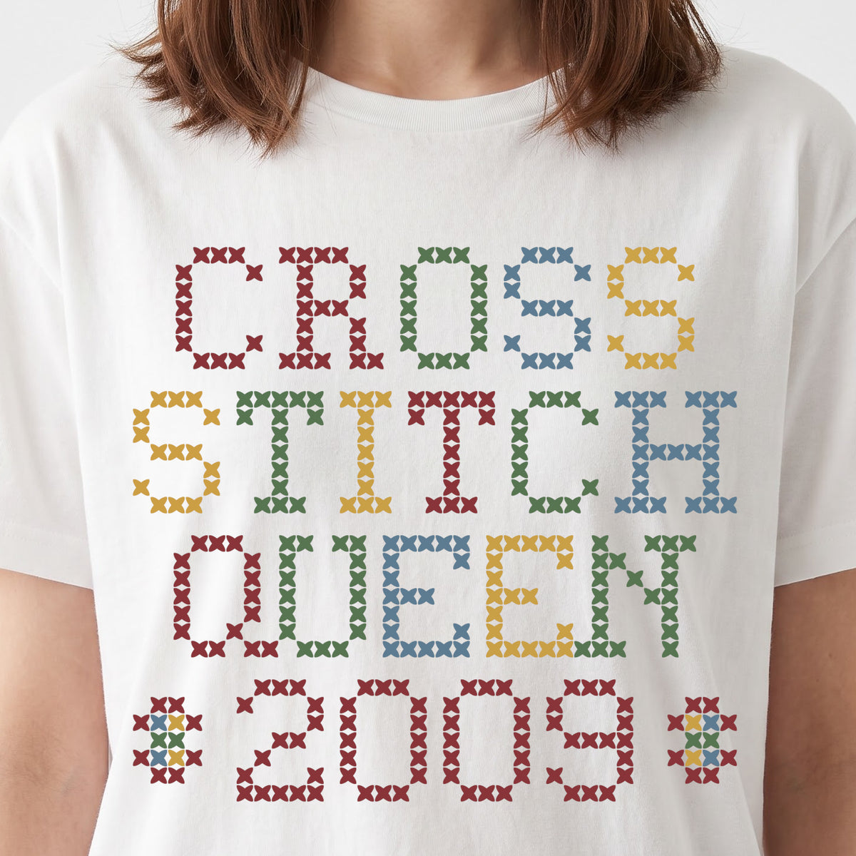 "Cross Stitch Queen [Year]" Custom Faux Cross Stitch T-Shirt | Personalized Year