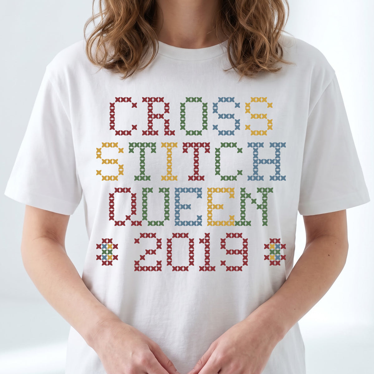"Cross Stitch Queen [Year]" Custom Faux Cross Stitch T-Shirt | Personalized Year