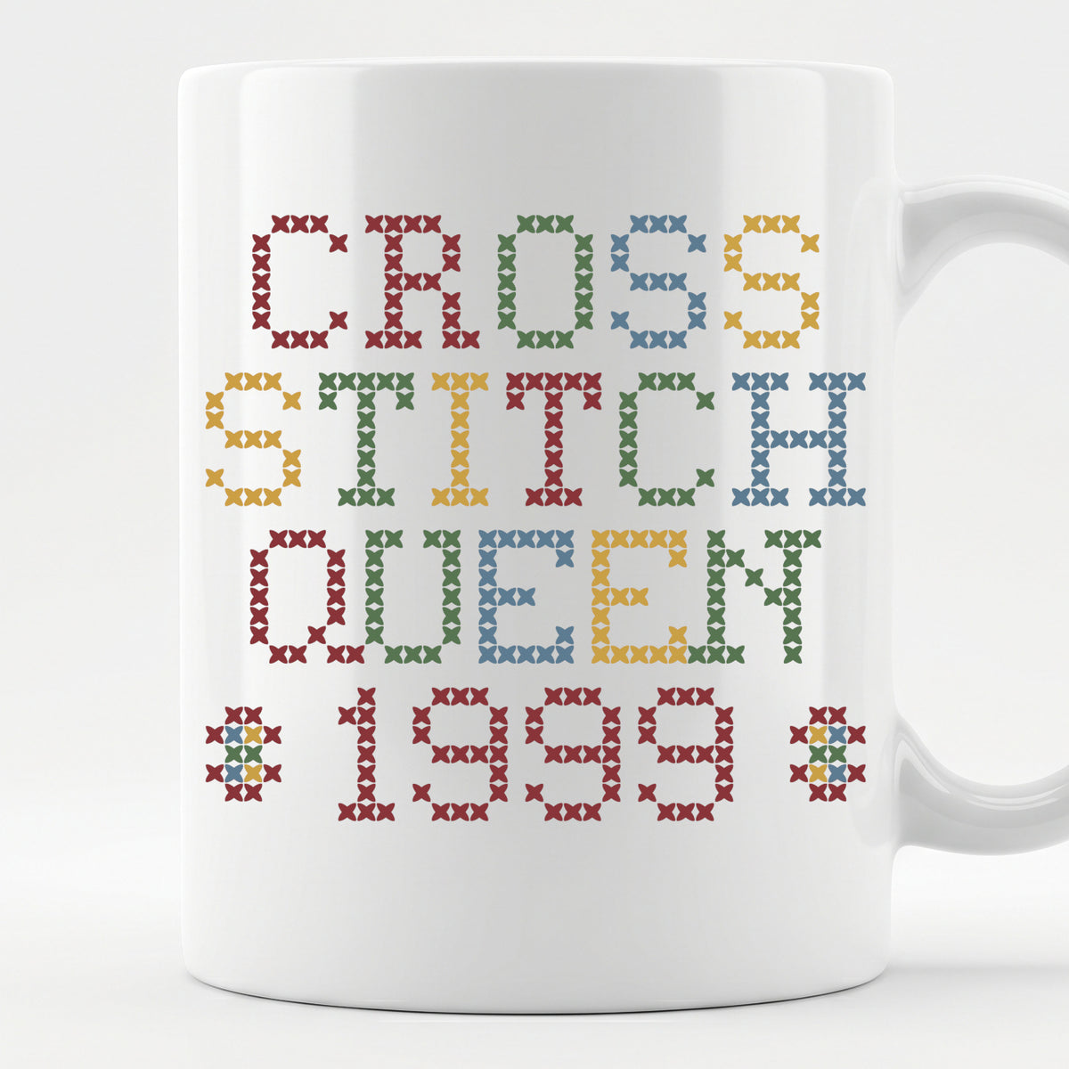 "Cross Stitch Queen [Year]" Custom Faux Cross Stitch Mug | Personalized Year