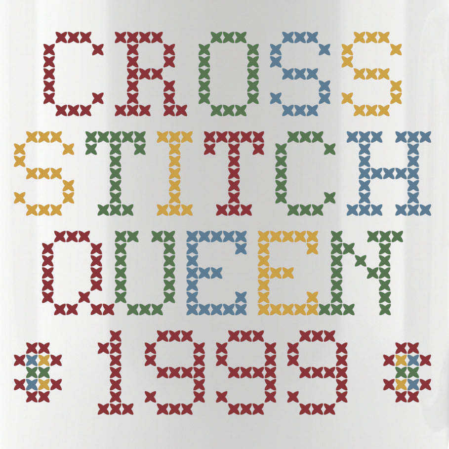 "Cross Stitch Queen [Year]" Custom Faux Cross Stitch Mug | Personalized Year