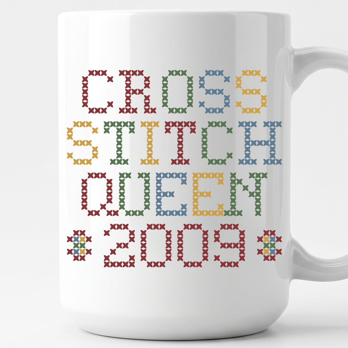 "Cross Stitch Queen [Year]" Custom Faux Cross Stitch Mug | Personalized Year