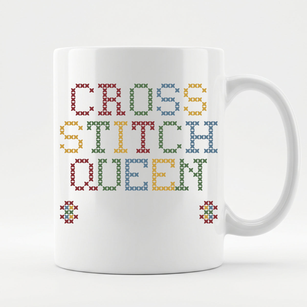 "Cross Stitch Queen [Year]" Custom Faux Cross Stitch Mug | Personalized Year