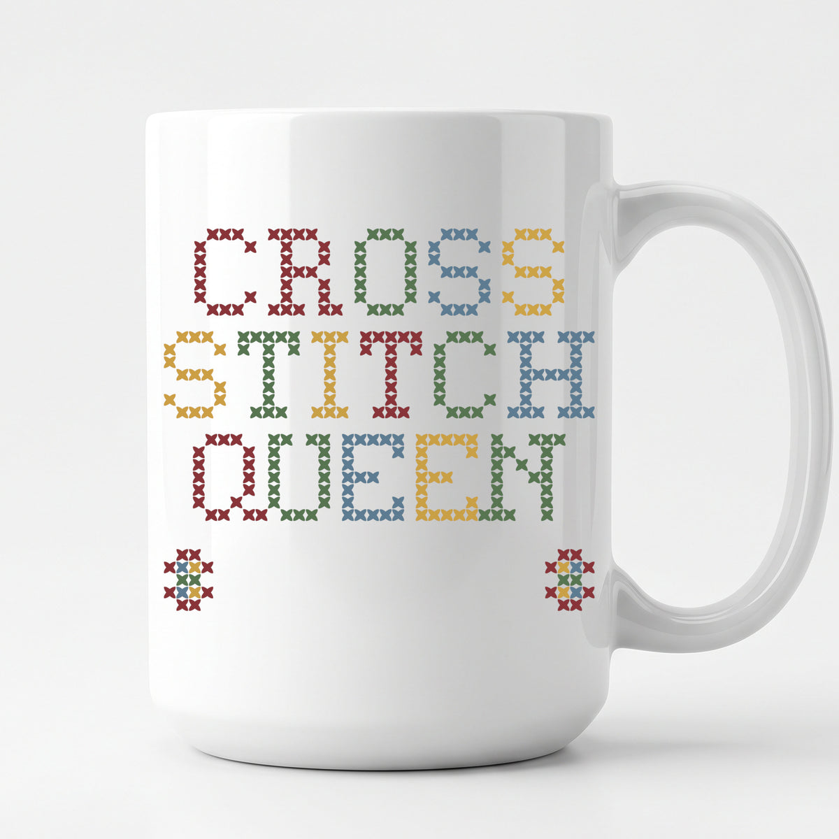 "Cross Stitch Queen [Year]" Custom Faux Cross Stitch Mug | Personalized Year