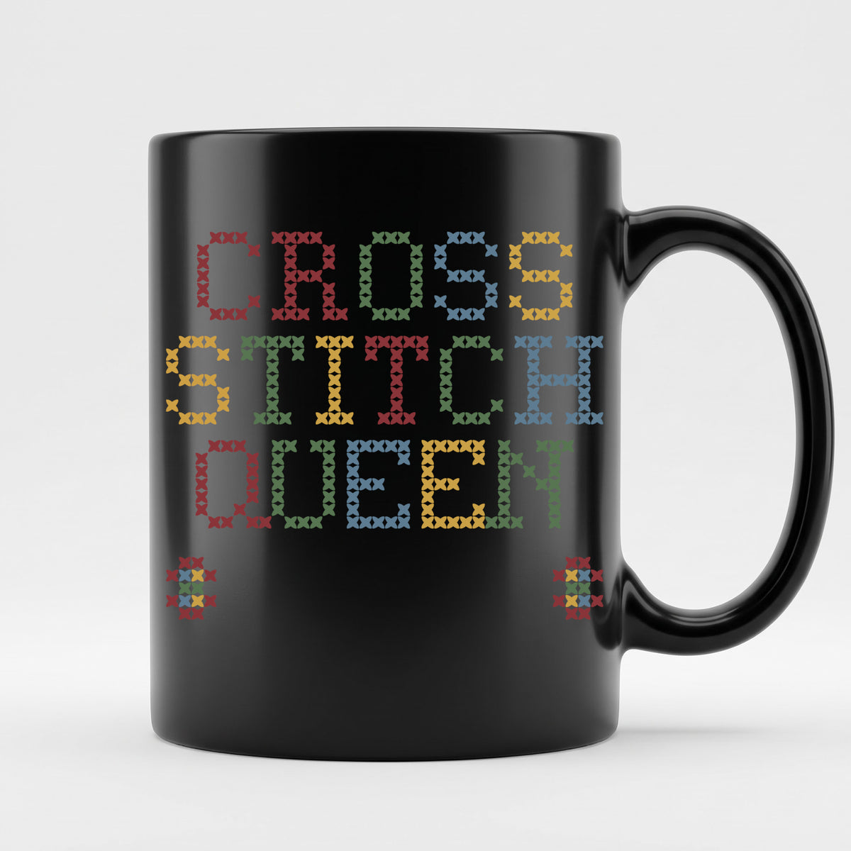 "Cross Stitch Queen [Year]" Custom Faux Cross Stitch Mug | Personalized Year