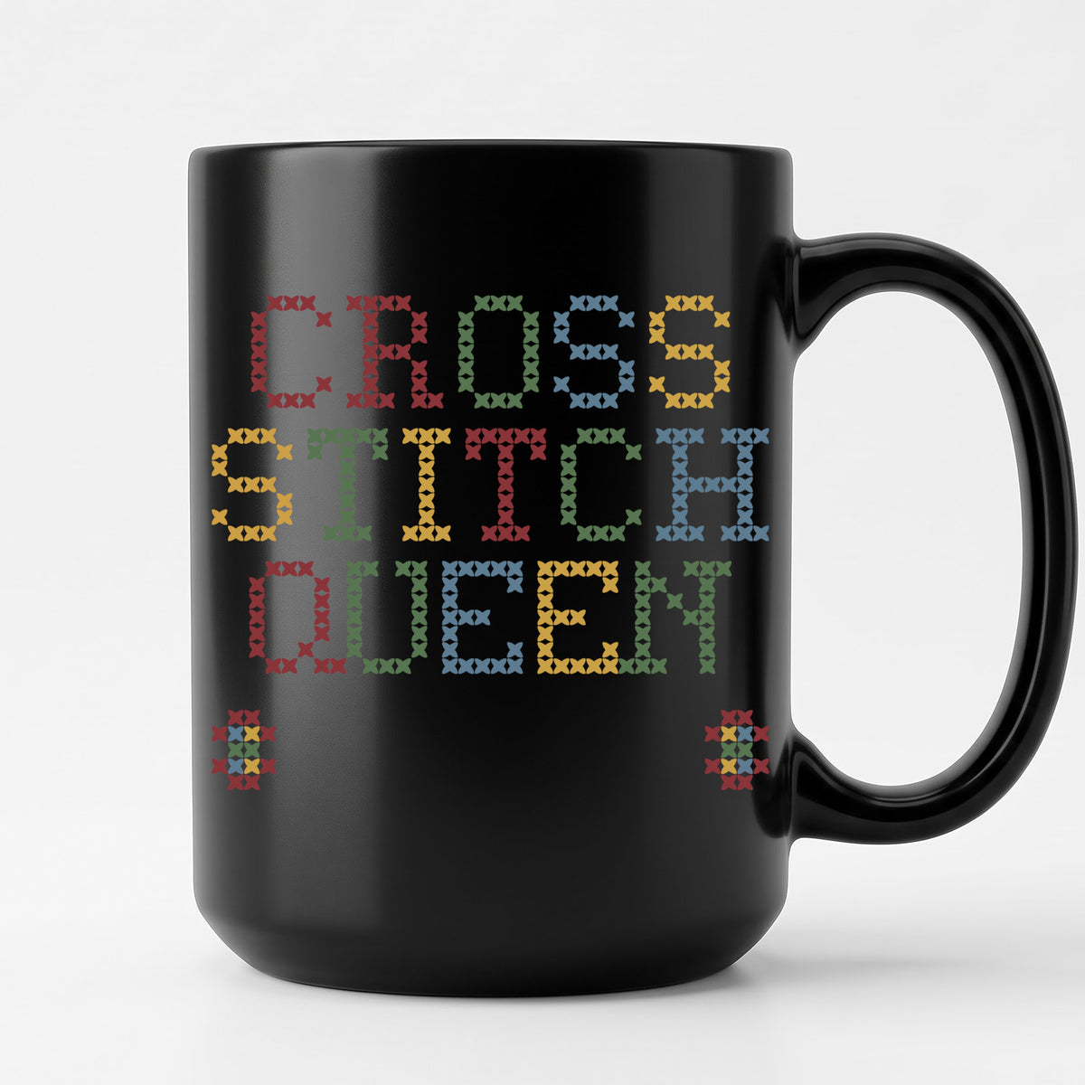 "Cross Stitch Queen [Year]" Custom Faux Cross Stitch Mug | Personalized Year