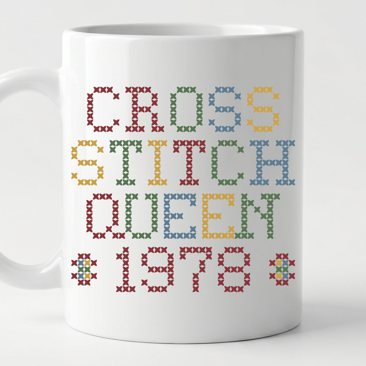 "Cross Stitch Queen [Year]" Custom Faux Cross Stitch Mug | Personalized Year