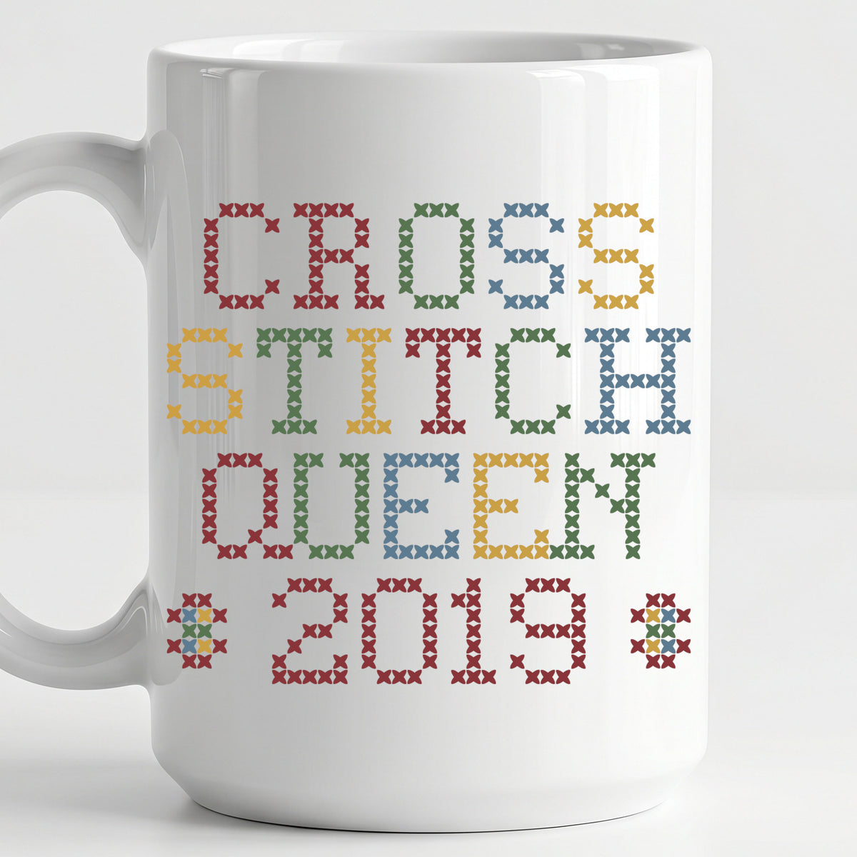 "Cross Stitch Queen [Year]" Custom Faux Cross Stitch Mug | Personalized Year