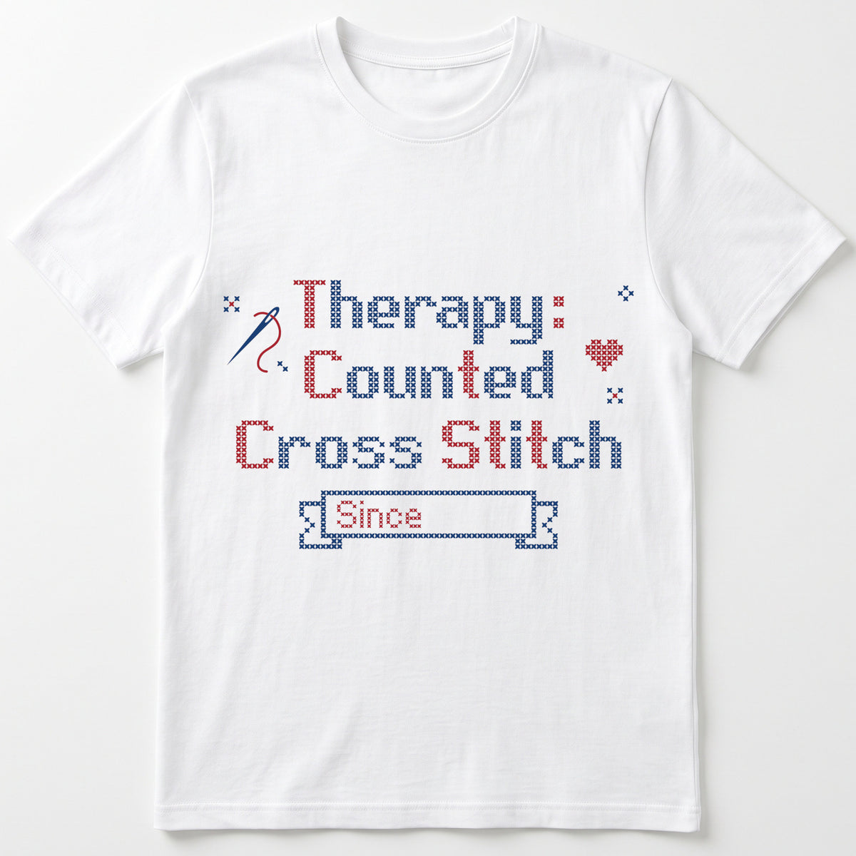 "[Name]'s Therapy: Counted Cross Stitch - Since [Year]" Personalized Faux Cross Stitch T-Shirt | Custom Name