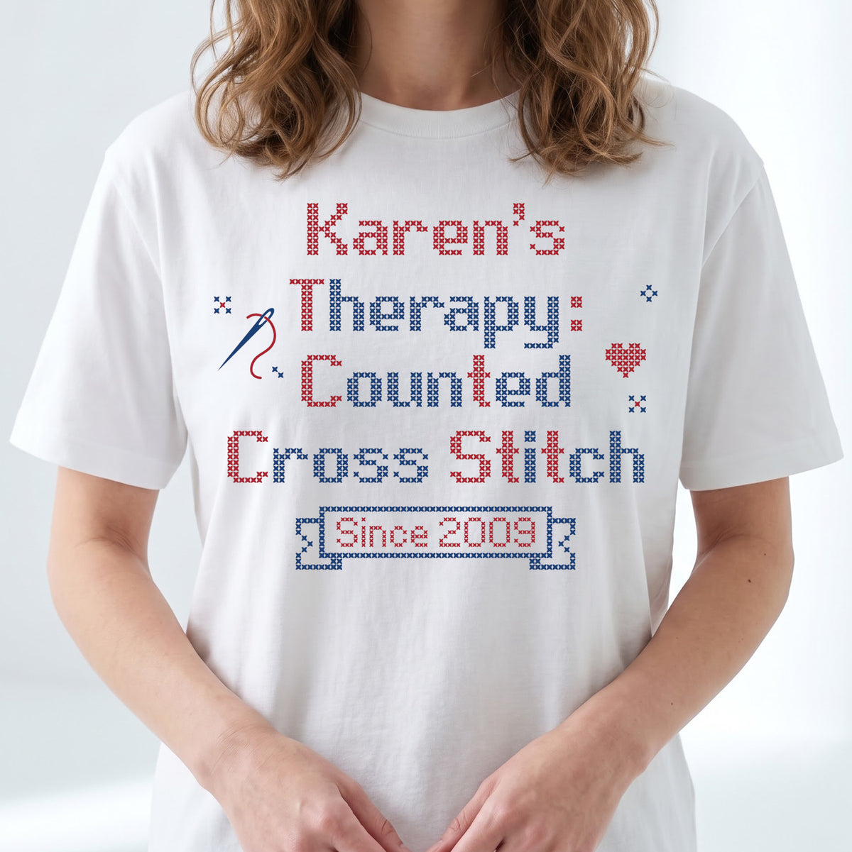 "[Name]'s Therapy: Counted Cross Stitch - Since [Year]" Personalized Faux Cross Stitch T-Shirt | Custom Name