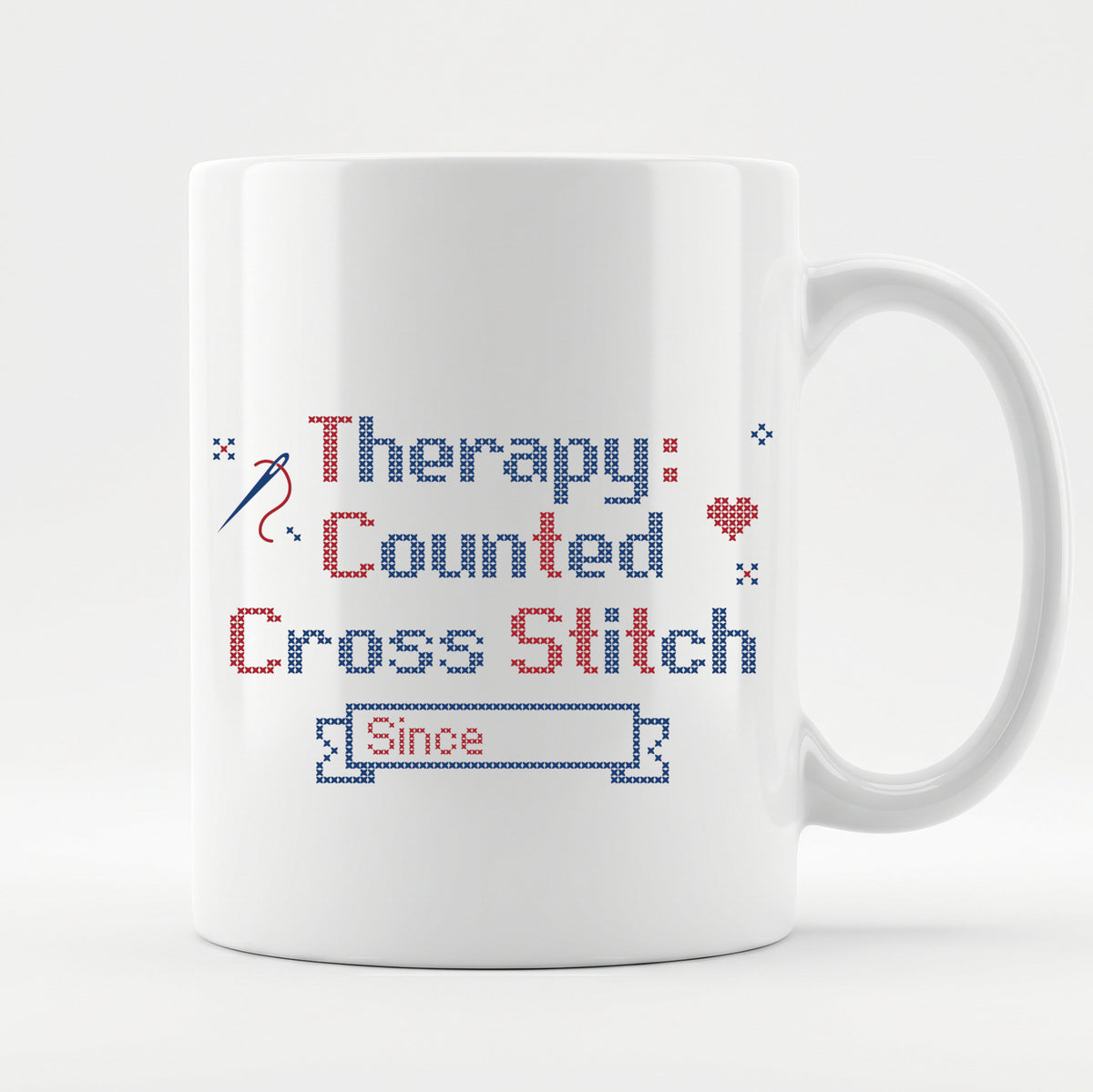 "[Name]'s Therapy: Counted Cross Stitch - Since [Year]" Personalized Faux Cross Stitch Mug | Custom Name