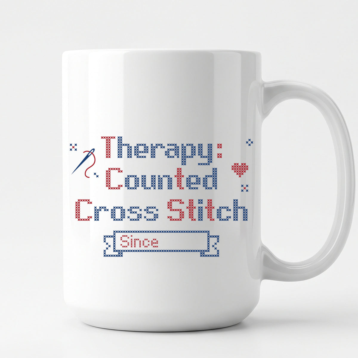"[Name]'s Therapy: Counted Cross Stitch - Since [Year]" Personalized Faux Cross Stitch Mug | Custom Name