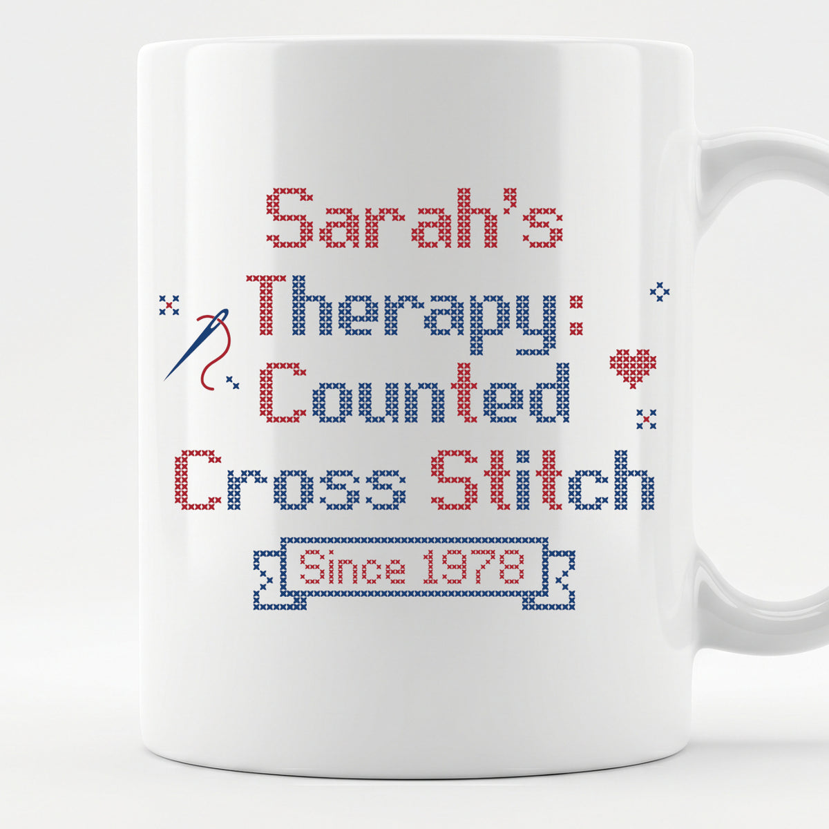 "[Name]'s Therapy: Counted Cross Stitch - Since [Year]" Personalized Faux Cross Stitch Mug | Custom Name