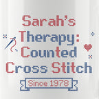 "[Name]'s Therapy: Counted Cross Stitch - Since [Year]" Personalized Faux Cross Stitch Mug | Custom Name